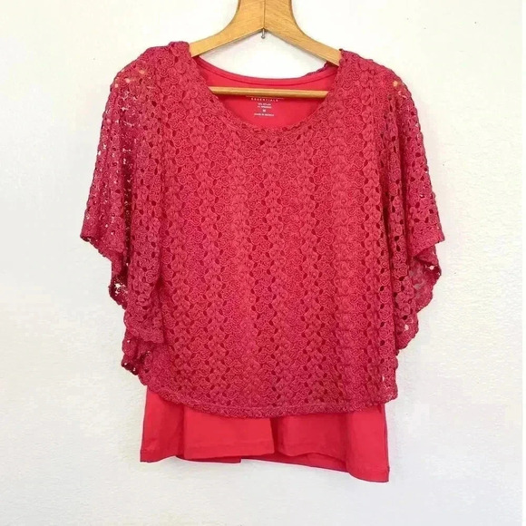 Coral Pink Crochet Top Batwing Sleeves MEDIUM Lined Peck & Peck Women's - Picture 9 of 9